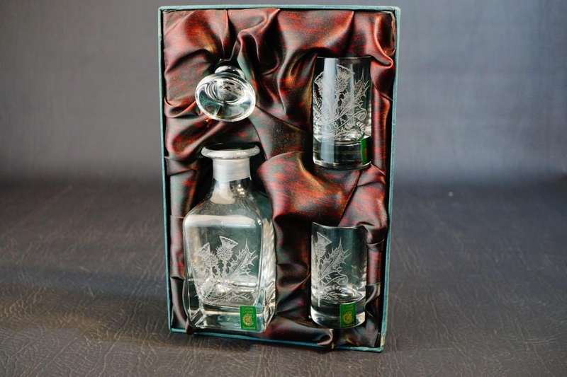 Vintage Collins Crystal Etched Clan Oban Drinks Set In Original Box **Great Condition**