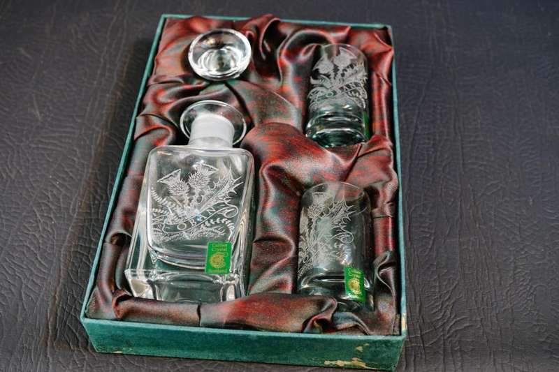 Vintage Collins Crystal Etched Clan Oban Drinks Set In Original Box **Great Condition**