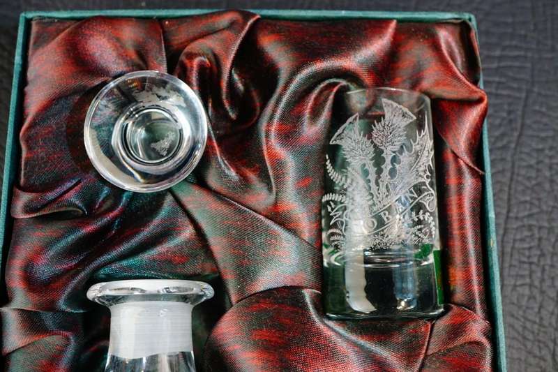 Vintage Collins Crystal Etched Clan Oban Drinks Set In Original Box **Great Condition**
