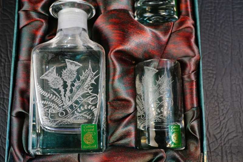 Vintage Collins Crystal Etched Clan Oban Drinks Set In Original Box **Great Condition**