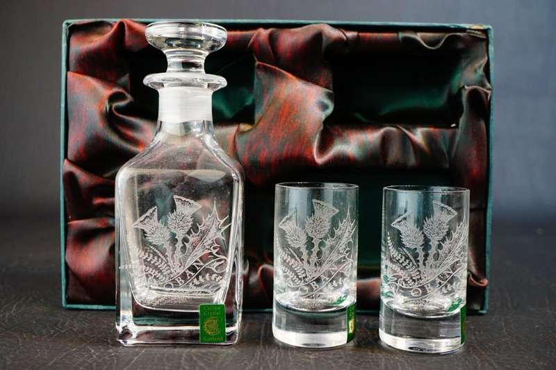 Vintage Collins Crystal Etched Clan Oban Drinks Set In Original Box **Great Condition**
