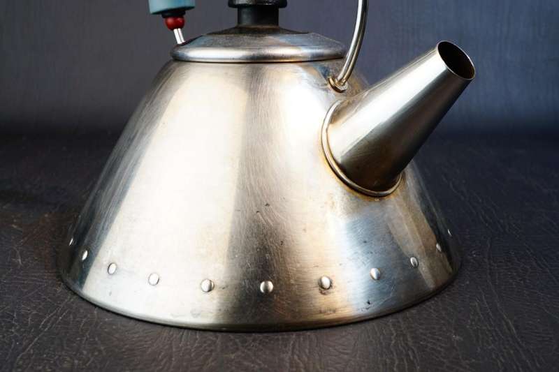 Alessi Stove Top Tea Kettle Inox 18/10 w Blue Handle Designed by Michael Graves **Good Condition**