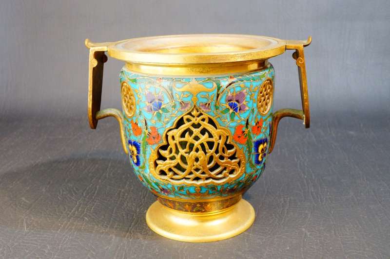 F. Barbedienne Enamel Bronze Reticulated French Champleve Signed Vase **Great Condition**