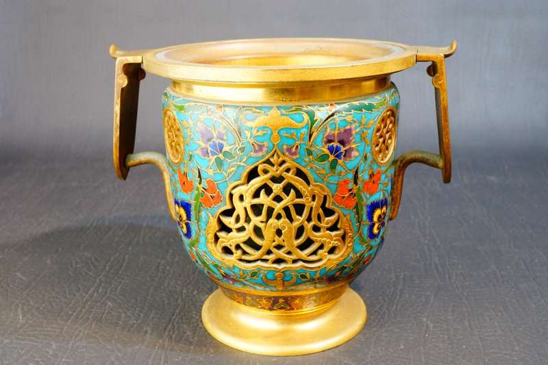 F. Barbedienne Enamel Bronze Reticulated French Champleve Signed Vase **Great Condition**