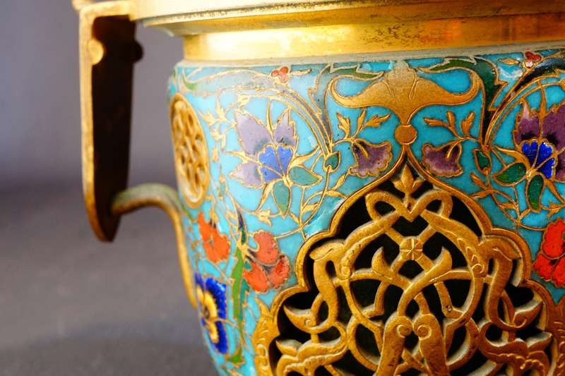F. Barbedienne Enamel Bronze Reticulated French Champleve Signed Vase **Great Condition**