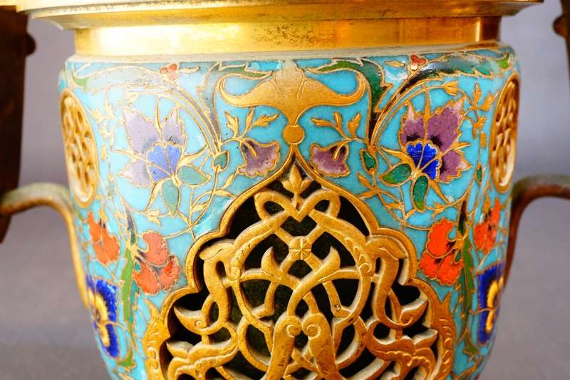 F. Barbedienne Enamel Bronze Reticulated French Champleve Signed Vase **Great Condition**