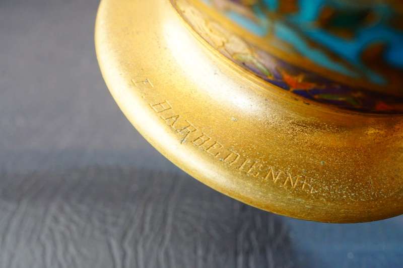 F. Barbedienne Enamel Bronze Reticulated French Champleve Signed Vase **Great Condition**