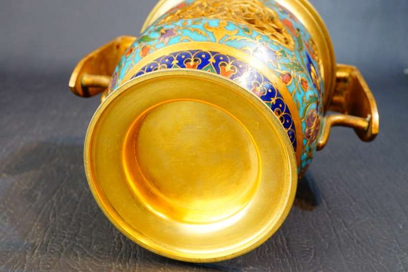 F. Barbedienne Enamel Bronze Reticulated French Champleve Signed Vase **Great Condition**