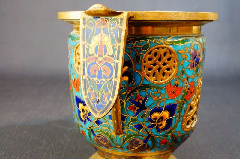 F. Barbedienne Enamel Bronze Reticulated French Champleve Signed Vase **Great Condition**