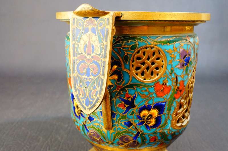 F. Barbedienne Enamel Bronze Reticulated French Champleve Signed Vase **Great Condition**