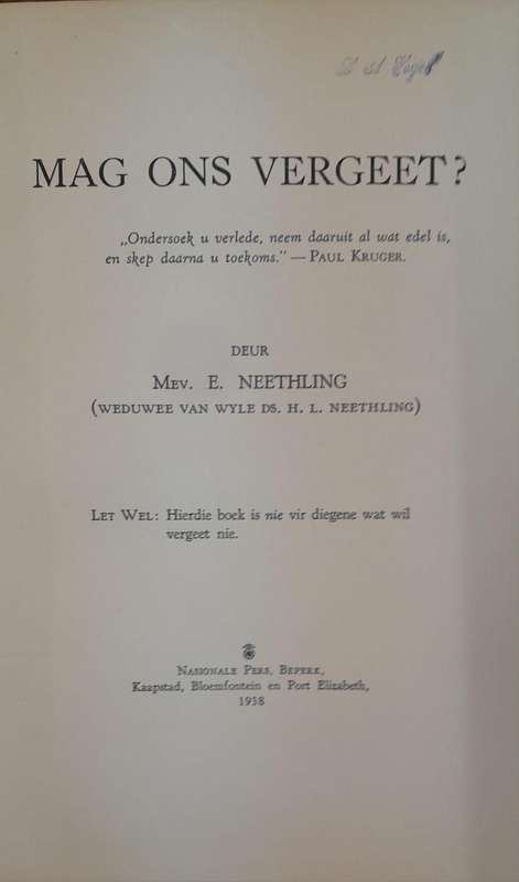Mag Ons Vergeet? - Mev. E Neethling (Hardcover book with no dj)