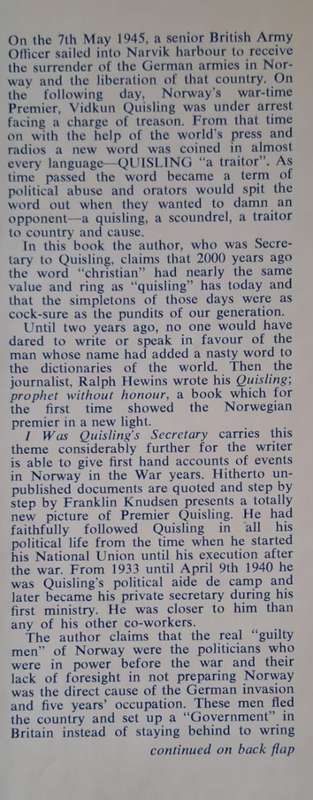 I was Quislings Secretary - Franklin Knudsen (Hardcover with DJ)