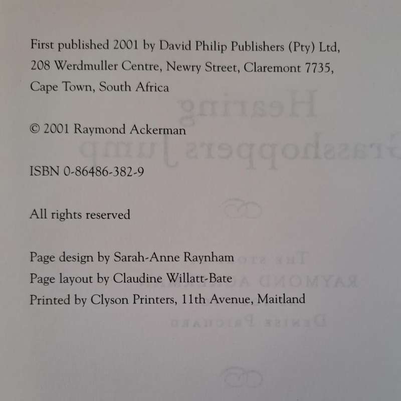 Hearing Grasshoppers Jump. - Raymond Ackerman (Hardcover with DJ) (Signed by Author)