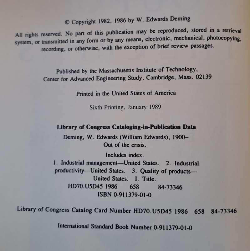 Out of the Crisis - W Edwards Deming ( Hardcover)