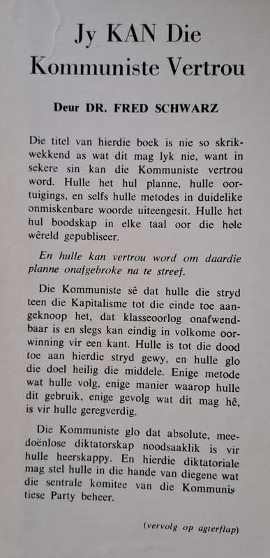 Jy kan die Kommuniste vertrou - DR. Fred Schwarz (hard cover with DJ)