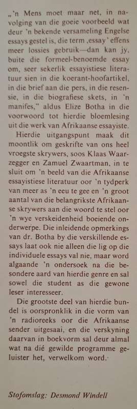 Afrikaanse Essayiste - Elize Botha (Hard cover with dj)