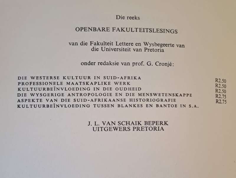 Kultuurbei nvloeding tussen Blankes en Bantoe in S.A. Prof. G. Cronje (hard cover with no dj)