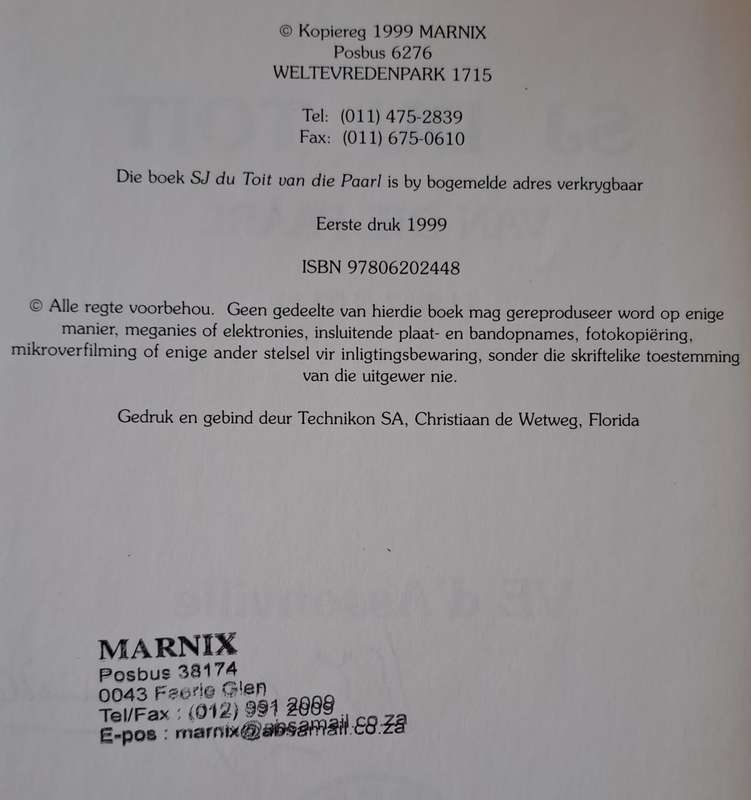 Van die paarl 1847-1911 - SJ Du Toit (hard cover with no dj)