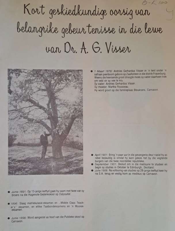 Kort Geskiedkundige oorsig van belangrike gebeur tenisse in die lewe - Dr. A. G. Visser (paperback)