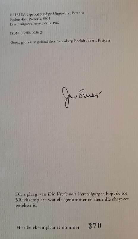 Vrede van Vereening - Jan Scholtz (hard cover with no dj)