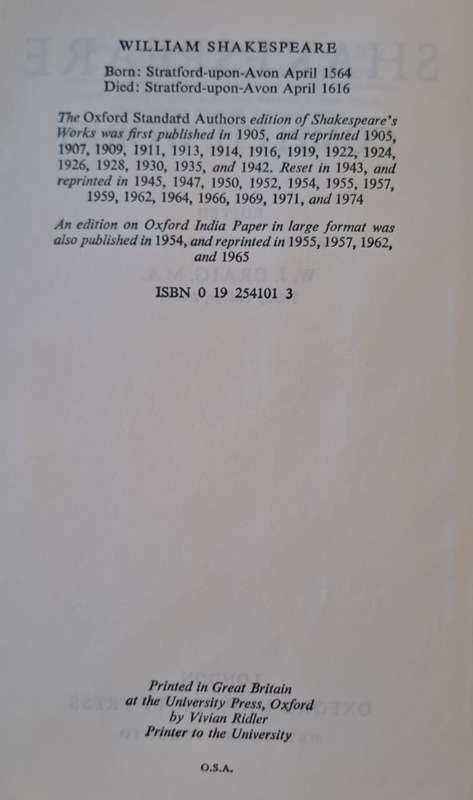 Shakespeare complete works - W. J. Craig M.A. (hard cover with dj)