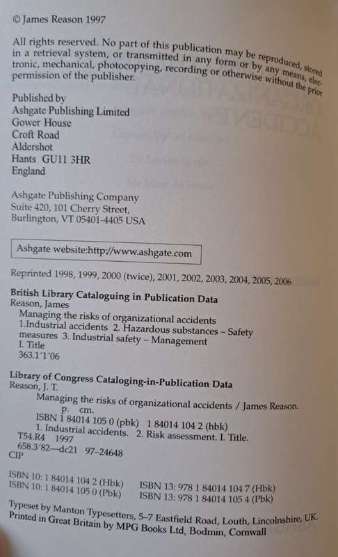 Managing the risks of organizational accidents - James Reason (paperback)