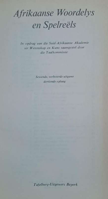 Afrikaanse Woordelys en Spelreels - Tafelberg-uitgewers (hard cover with no dj)