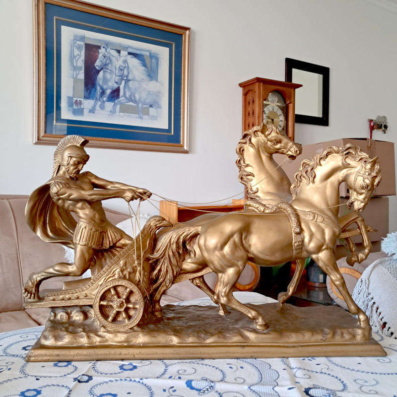AMILCARE SANTINI LIMITED EDITION LARGE ROMAN GLADIATOR CHARIOT & HORSES ANTIQUE SCULPTURE