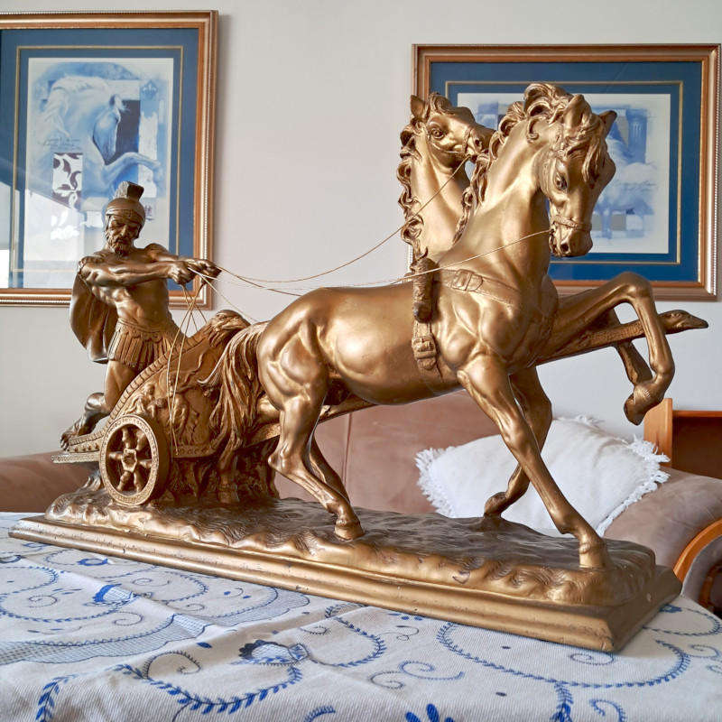 AMILCARE SANTINI LIMITED EDITION LARGE ROMAN GLADIATOR CHARIOT & HORSES ANTIQUE SCULPTURE