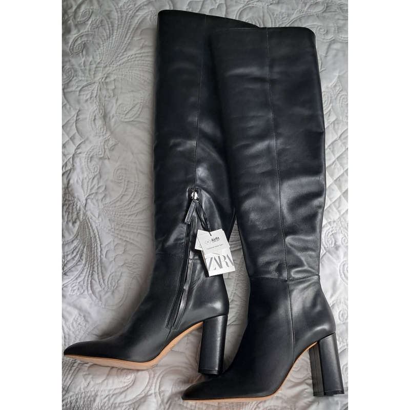 ZARA GENUINE LEATHER OVER THE KNEE BOOTS - BLACK
