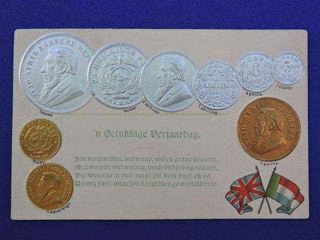 ZAR coin POST CARD 1 penny to half pond and pond embossed. Dutch birthday wish.