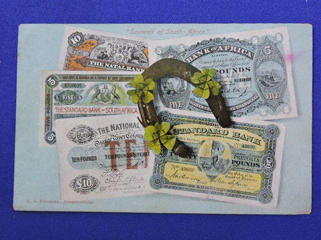 Numismatic bank note POST CARD of South African currency.