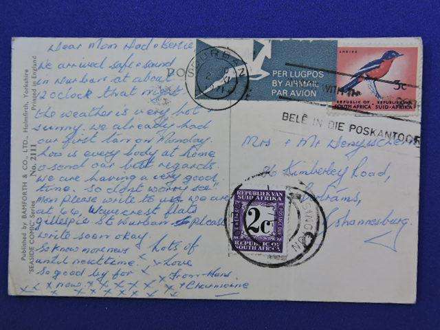 SA Humorous Post Card  Durban to Johannesburg with Postage Stamps Dated 1971