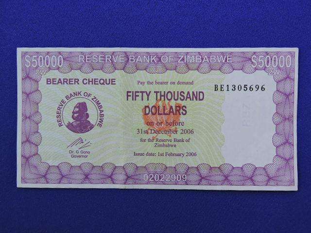 ZIMBABWE $50 000 Fifty Thousand Dollar Bank note  Bearer Cheque Issued 2006