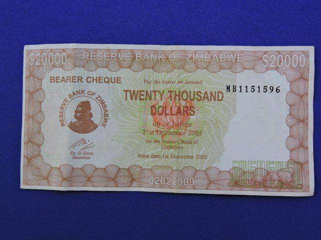 ZIMBABWE $20 000 Twenty Thousand Dollar Bank note  Bearer Cheque Issued 2003