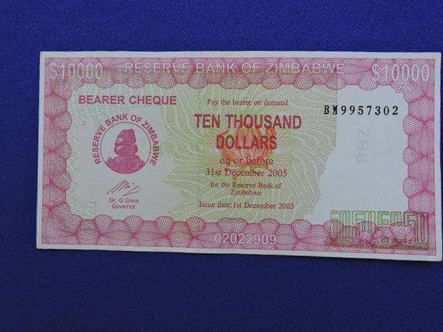 ZIMBABWE $10 000 Ten Thousand Dollar Bank note  Bearer Cheque Issued 2003