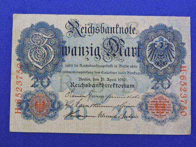 German 20 Mark REICHSBANKNOTE Bank Note  Berlin 21 April 1910  Circulated