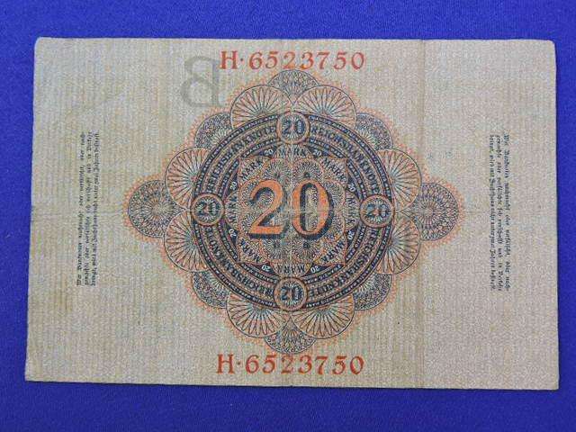 German 20 Mark REICHSBANKNOTE Bank Note  Berlin 21 April 1910  Circulated