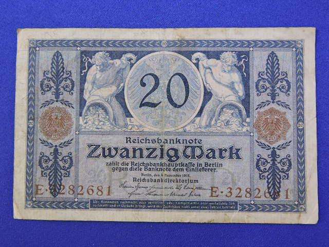 German 20 Mark REICHSBANKNOTE Bank Note  Berlin 4 November 1915  Circulated