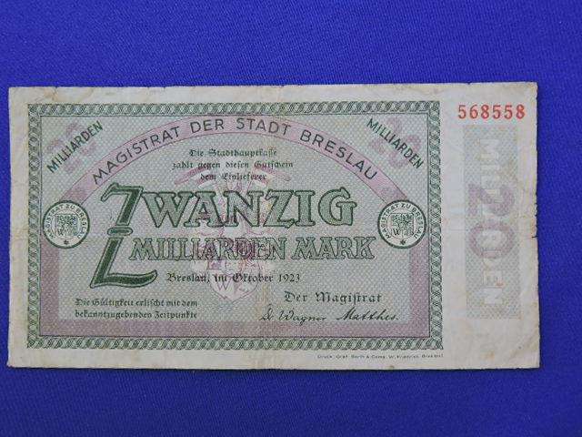 German 20 Billion Mark Bank Note  Breslau October 1923 Circulated