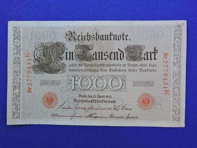 German One Thousand 1000 Mark REICHSBANKNOTE Bank Note  Berlin April 1910 Circulated Huge note