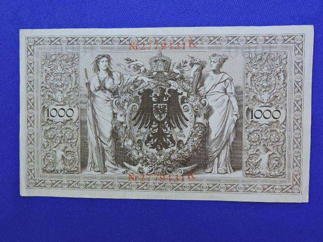 German One Thousand 1000 Mark REICHSBANKNOTE Bank Note  Berlin April 1910 Circulated Huge note