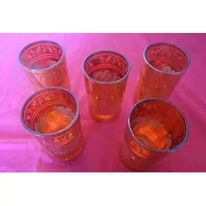 STUNNING GOLD & CRANBERRY VENETIAN STYLE SET OF FIVE CORDIAL GLASSES EMBOSSED & ETCHIED