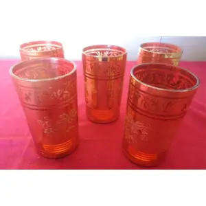 STUNNING GOLD & CRANBERRY VENETIAN STYLE SET OF FIVE CORDIAL GLASSES EMBOSSED & ETCHIED