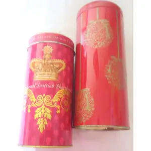 TWO BURGUNDY ROUND TINS - WOOLWORTHS 2008 & TRADITIONAL SCOTTISH SHORTBREAD