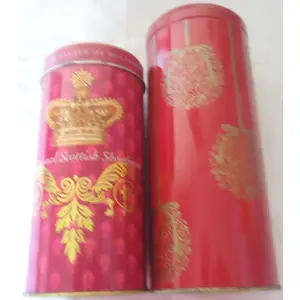 TWO BURGUNDY ROUND TINS - WOOLWORTHS 2008 & TRADITIONAL SCOTTISH SHORTBREAD