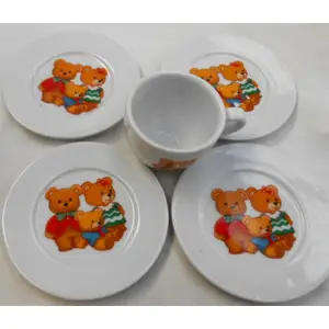 MINIATURE CHINA TEDDY BEAR CUP WITH FOUR PLATES