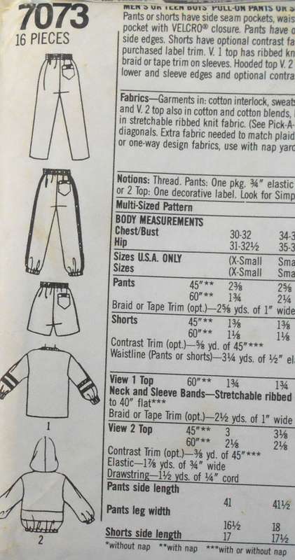 SIMPLICITY 7073 MEN+BOYS TRACKSUIT HOODIE-PANTS-SHORTS SIZE XS-XL (30-48)-COMPLETE-CUT TO XL 46-48