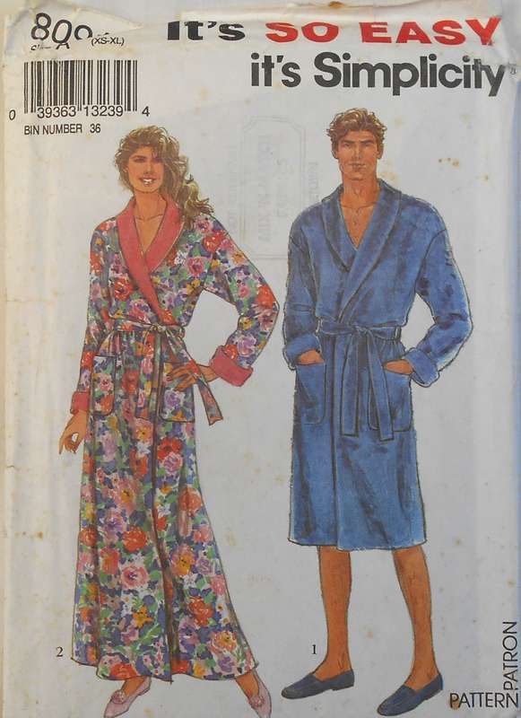 SIMPLICITY 8091 UNISEX FRONT WRAP ROBE SIZE XS-XL (29-44) COMPLETE-UNCUT-F/FOLDED