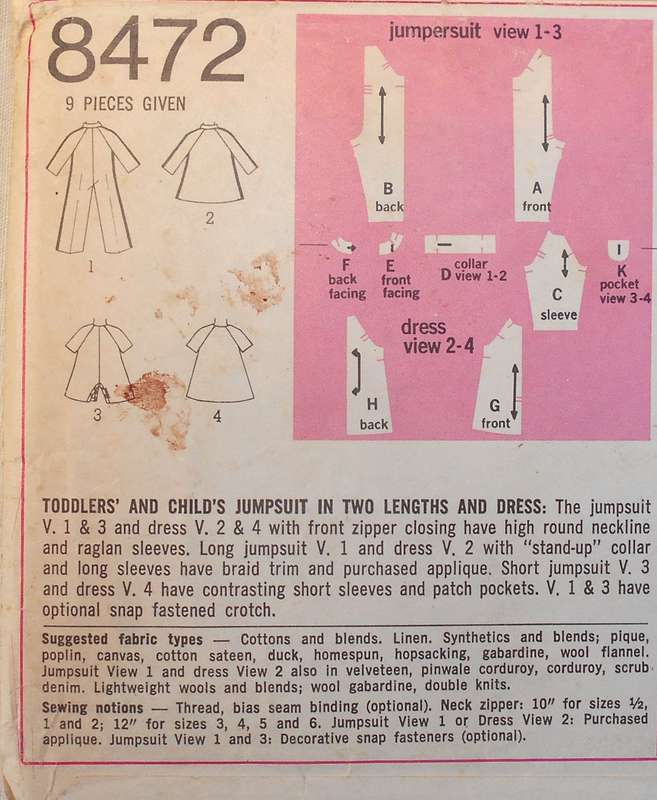 VINTAGE SIMPLICITY 8472 TODDLERS JUMPSUIT IN 2 LENGTHS+DRESS SIZE 6 MONTHS CHEST 19" COMPLETE
